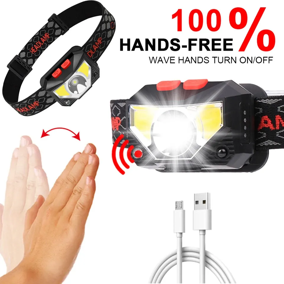 1-20PCS 6 Modes Motion Sensor Headlight Powerful LED Headlamp Head Lamp COB Flashlight Torch Head light For Camping Fishing