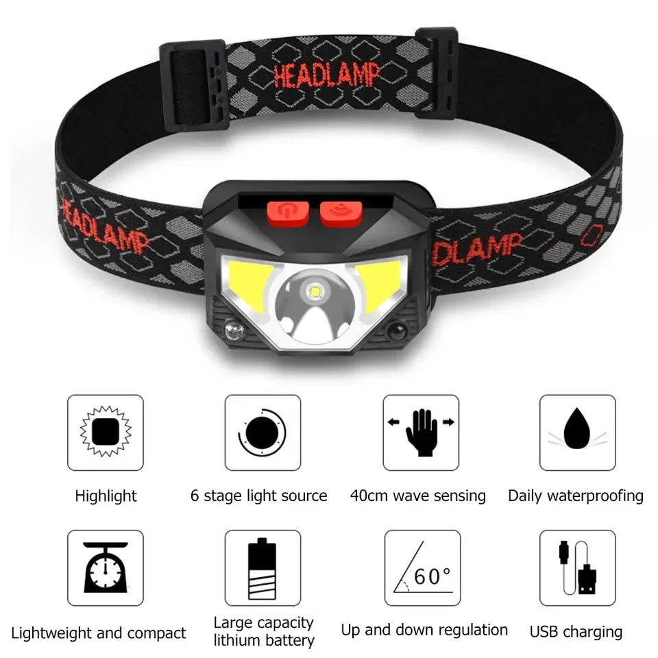 1-20PCS 6 Modes Motion Sensor Headlight Powerful LED Headlamp Head Lamp COB Flashlight Torch Head light For Camping Fishing