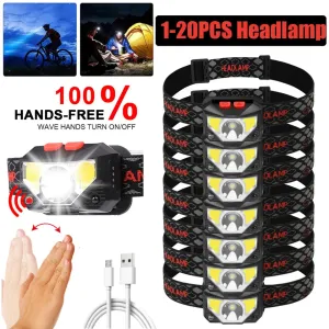 1-20PCS 6 Modes Motion Sensor Headlight Powerful LED Headlamp Head Lamp COB Flashlight Torch Head light For Camping Fishing