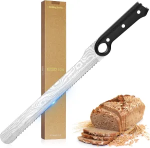 10-Inch Serrated Knife with Finger Ring, 5Cr15MoV Steel Blade, Full-Tang, Pakka Wood Handle, Damascus Pattern – Ideal for Bread, Fruits, and Vegetables