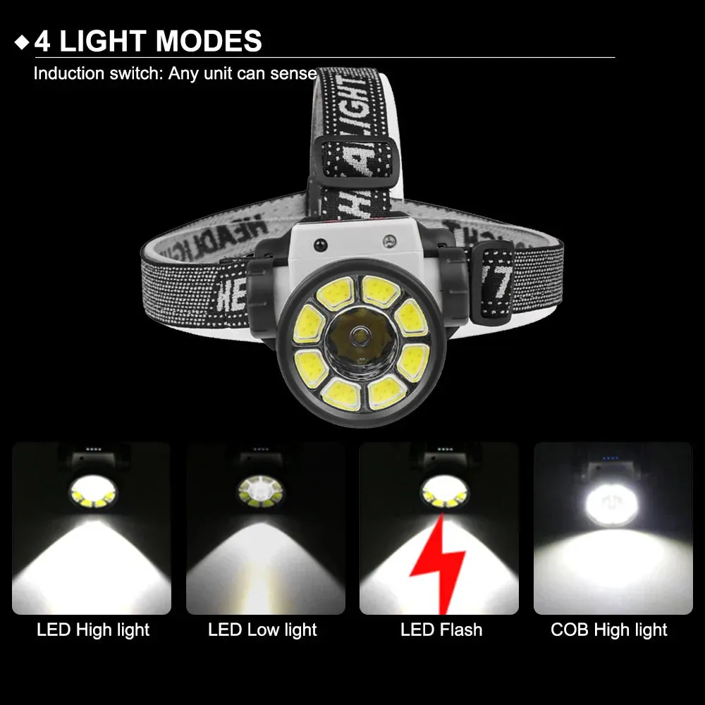 100W 8 COB LED Inductive Headlight Rechargeable IPX4 Waterproof 200M Range 45¡ã Floodlight Head