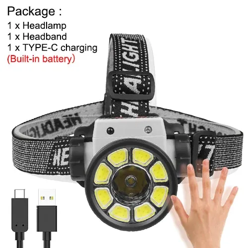 100W 8 COB LED Inductive Headlight Rechargeable IPX4 Waterproof 200M Range 45¡ã Floodlight Head