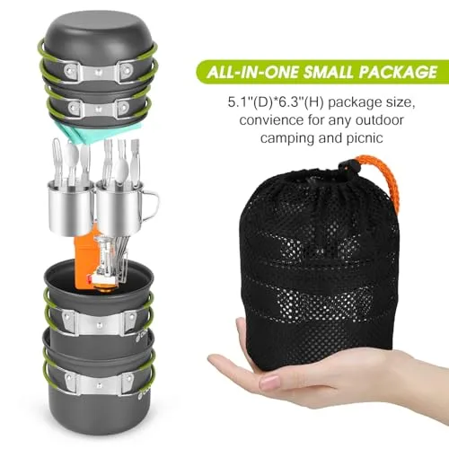 16pcs Camping Cookware Mess Kit,Lightweight Pot Pan Mini Stove w/ Cups,Fork,Spoon Kits
