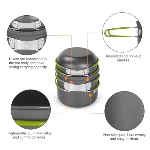 16pcs Camping Cookware Mess Kit,Lightweight Pot Pan Mini Stove w/ Cups,Fork,Spoon Kits