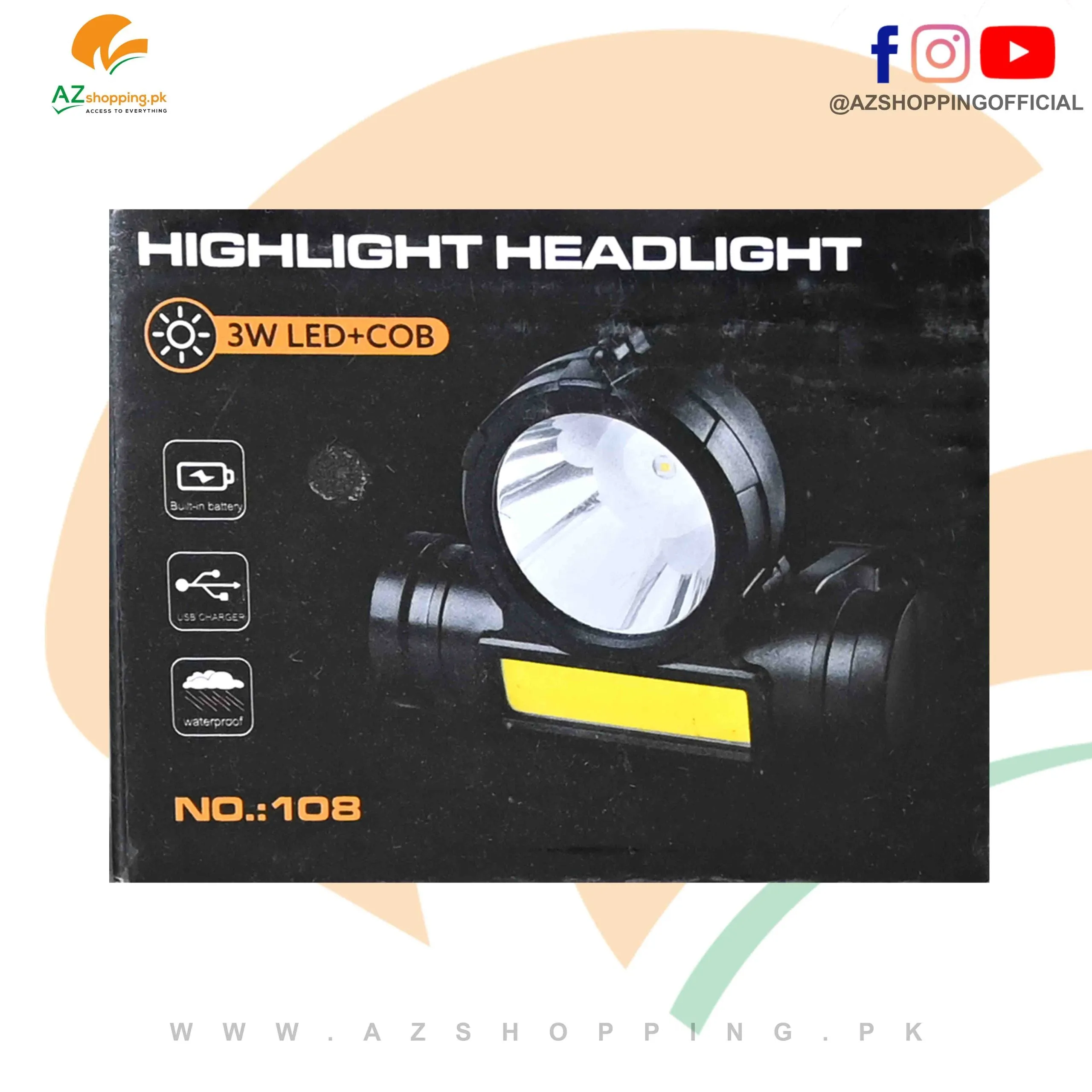 2 108 USB LED COB Model: Lamp Battery, in Charge Built-in with – 3W Torch Waterproof &amp; 1 Secure delivery High-demand products Headlight –