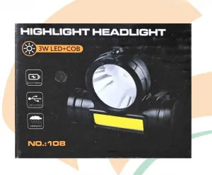 2 in 1 Headlight Torch Lamp – 3W LED COB with Built-in Battery, Waterproof &amp; USB Charge – Model: 108