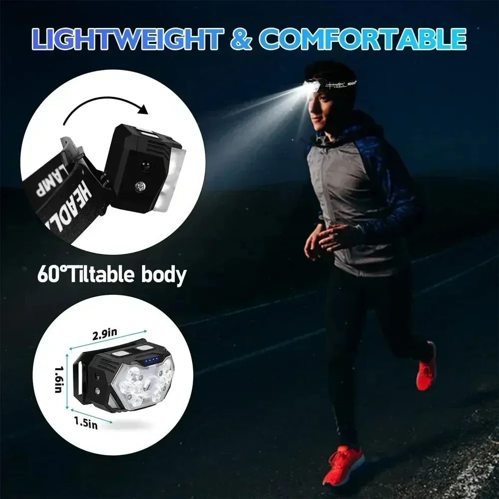 2000 Lumen USB Rechargeable Waterproof LED Headlamp with Motion Sensor for Camping and Fishing