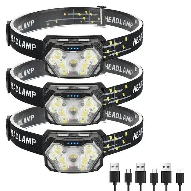 2000 Lumen USB Rechargeable Waterproof LED Headlamp with Motion Sensor for Camping and Fishing