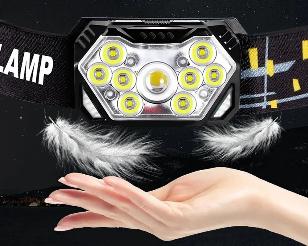 2000 Lumen USB Rechargeable Waterproof LED Headlamp with Motion Sensor for Camping and Fishing
