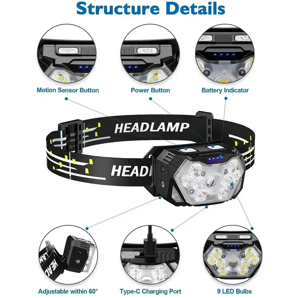 2000 Lumen USB Rechargeable Waterproof LED Headlamp with Motion Sensor for Camping and Fishing