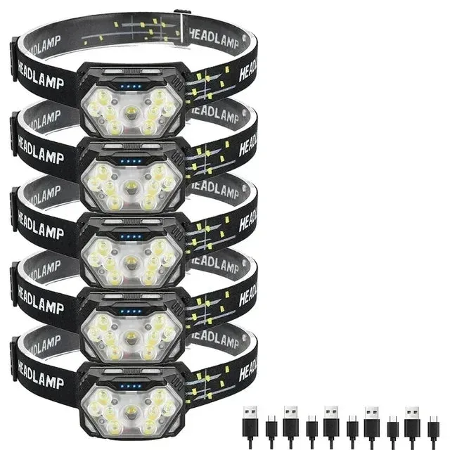 2000 Lumen USB Rechargeable Waterproof LED Headlamp with Motion Sensor for Camping and Fishing