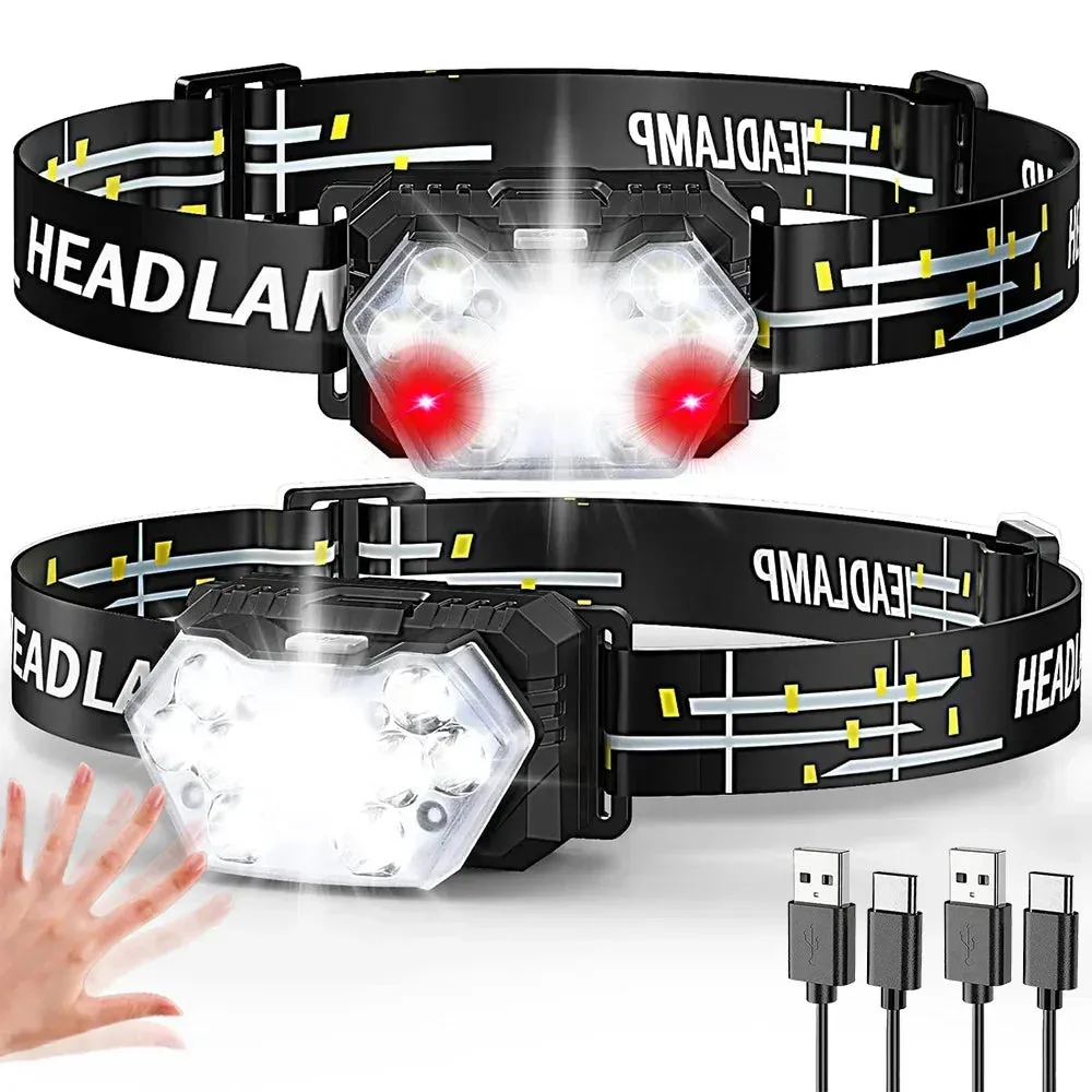 2000 Lumen USB Rechargeable Waterproof LED Headlamp with Motion Sensor for Camping and Fishing