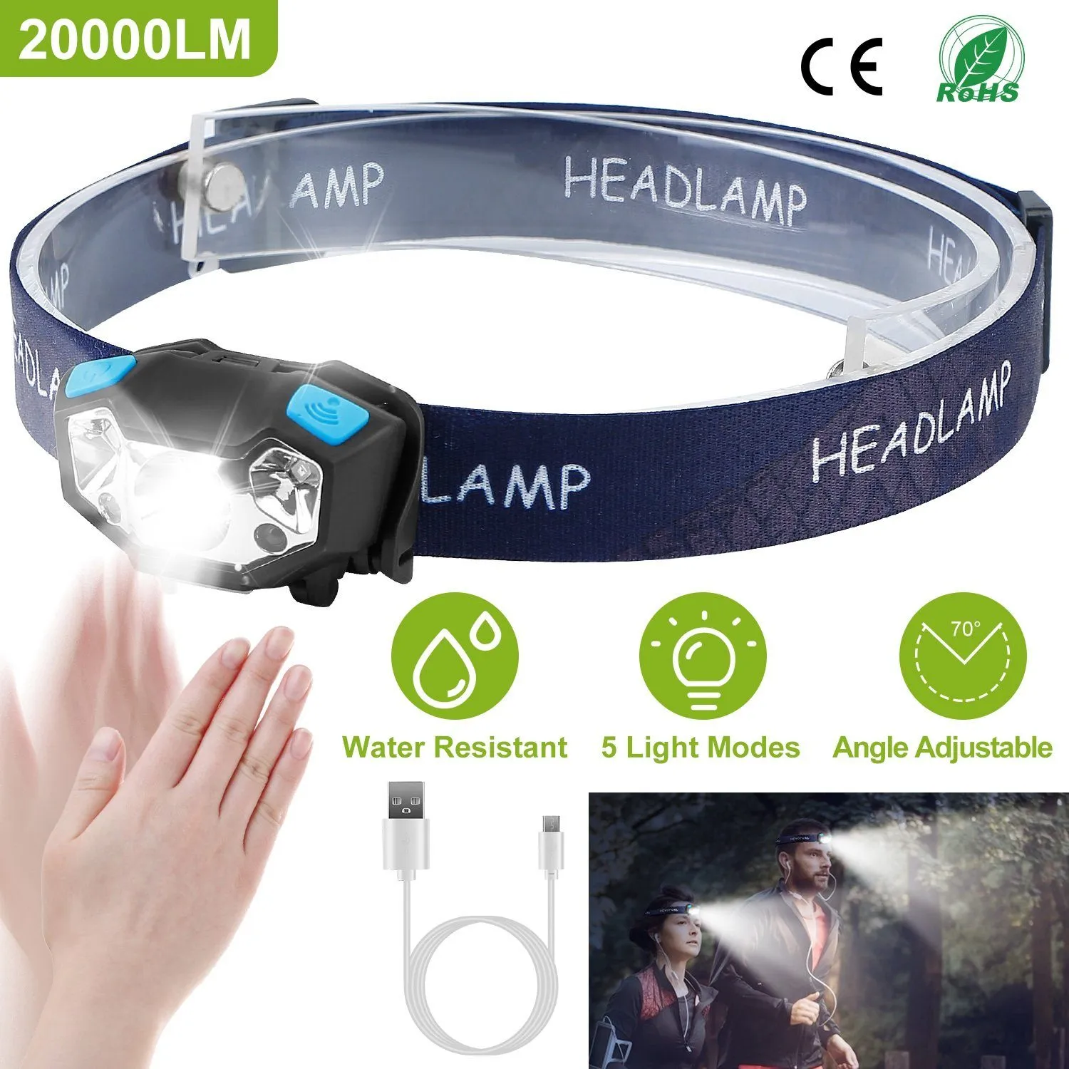 20000LM LED Headlamp USB Rechargeable Wave Motion Sensor Headlight