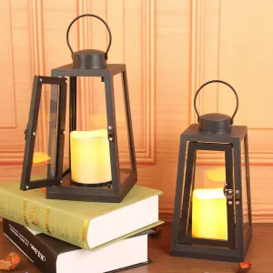2pack Decorative Lantern 8.66" H with Dancing Flame LED Timer Candle, Hanging Lantern for Outdoor Garden/Indoor Use, Door- Opening 22cm Lantern, Plastic with Brozen Undertone,