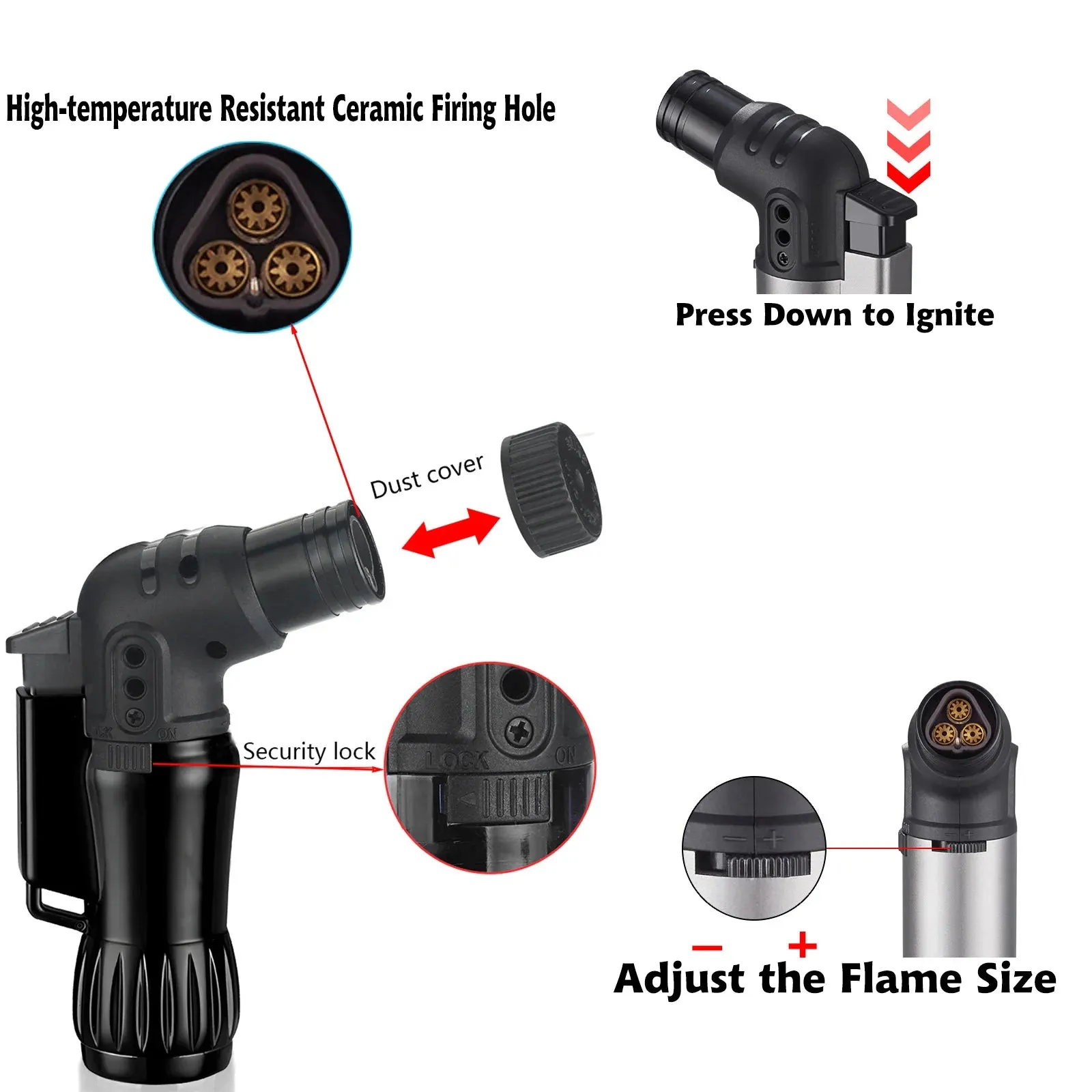 2pcs/Set Triple Jet Flame Torch Lighter Bend Head Design Refillable Butane Gas, Jet 3 Flame Windproof (Without Butane)