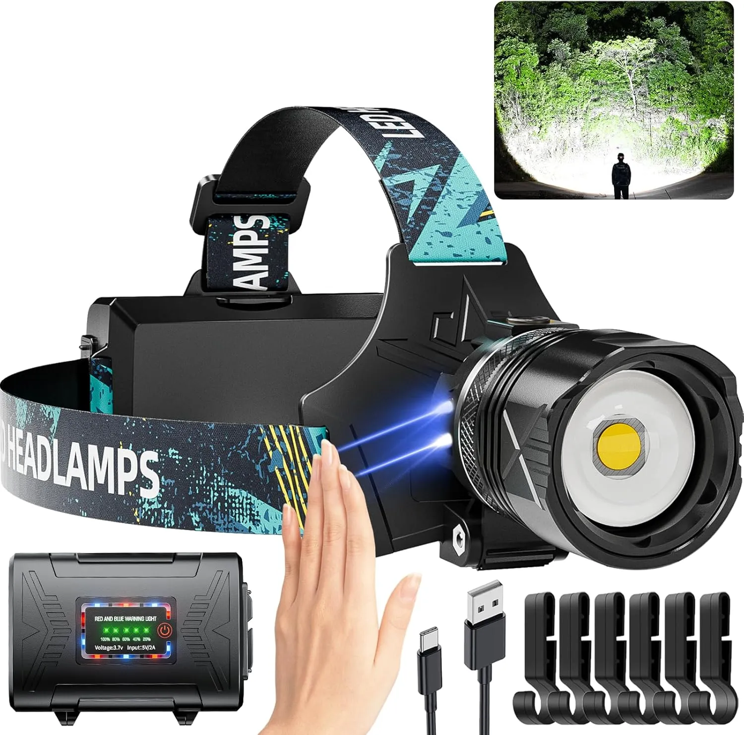 3000 Lumens Super Bright Headlamp, Rechargeable LED Head Lamp, 90 Hour Battery Standby Head Light with 9 Modes, IPX7 Waterproof Zoom Headlamps, 125° Adjustable Headlight for Camping, Adults