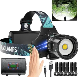 3000 Lumens Super Bright Headlamp, Rechargeable LED Head Lamp, 90 Hour Battery Standby Head Light with 9 Modes, IPX7 Waterproof Zoom Headlamps, 125° Adjustable Headlight for Camping, Adults