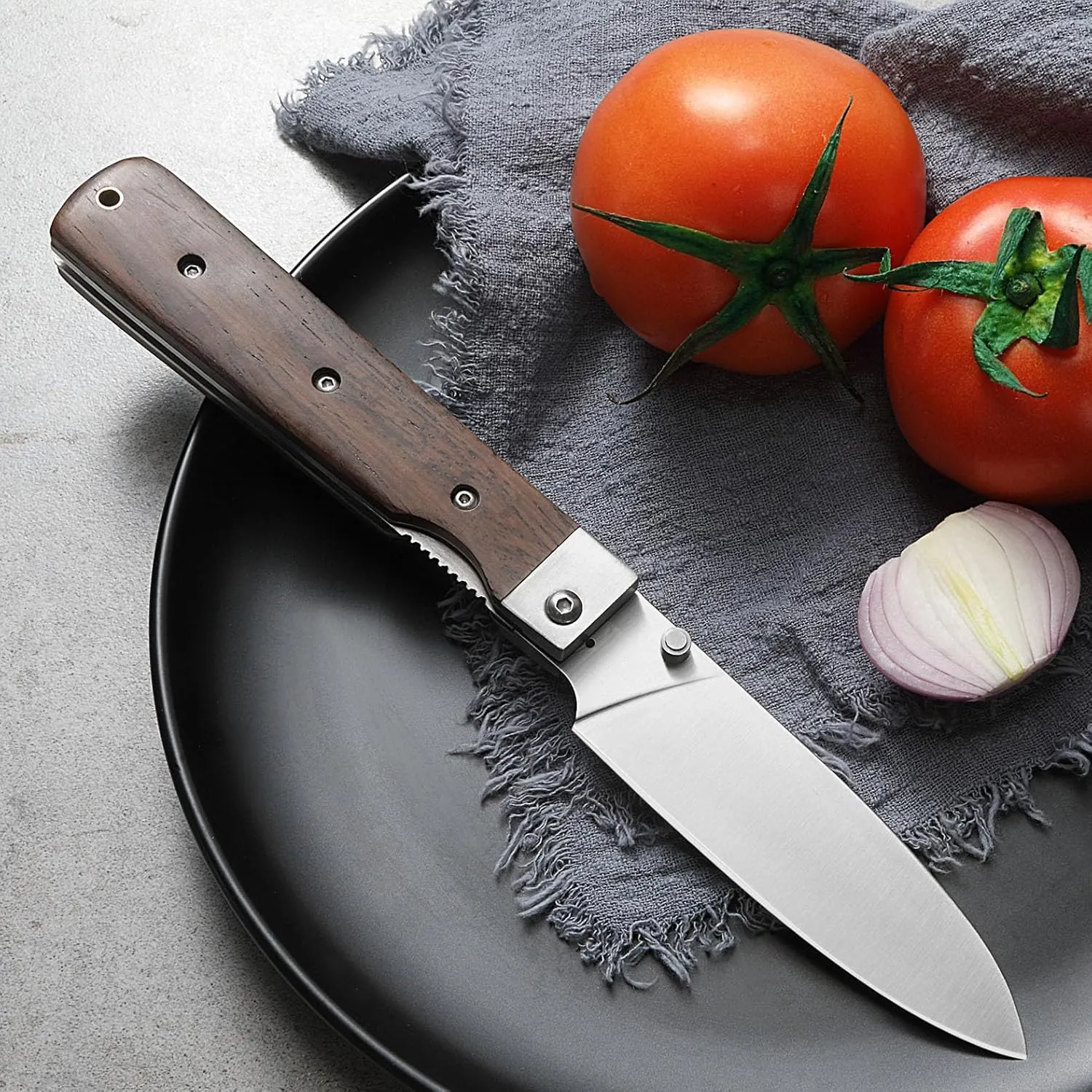 4.5-Inch Folding Kitchen Knife with Ultra Sharp 440A Stainless Steel Blade and Natural Olive Handle for BBQ, Peeling, Outdoor Camping