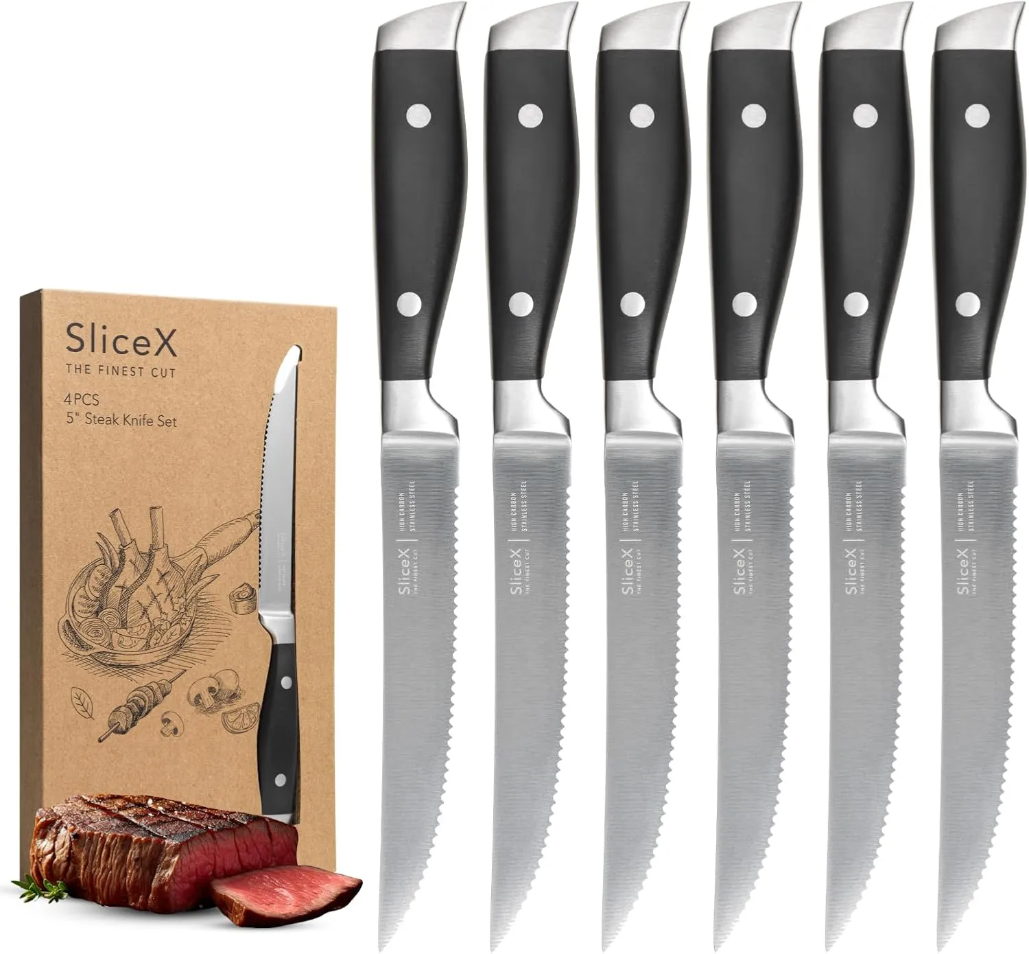 5 Inches Steak Knives Set of 6 | Razor Sharp High Carbon German Steel Steak Knife Set for Steak | Serrated Steak Knives for Kitchen | Quality Steak Knifes