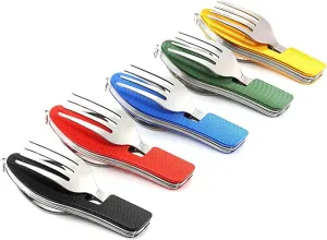 5 Pack Camping Utensils, 4-in-1 Portable Stainless Steel Cutlery with Fork, Spoon, Knife, and Bottle Opener - Lightweight, Detachable, and Durable Camping Silverware for Outdoor Events and Adventures