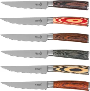 6-Piece 9 Inch Steak Knife Set - Professional, High-Performance Serrated Knife Blades, Pakkawood Handles - Stainless Steel Hand Bolster & Butt