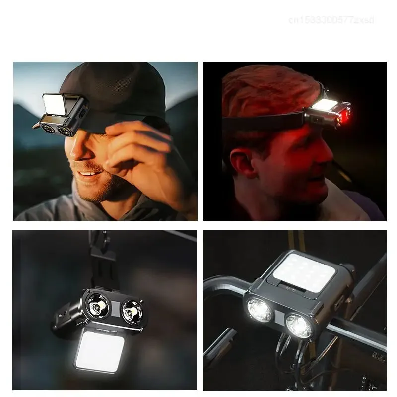 60000lumens 3 Light Source Sensor Clip-on Headlight Bicycle Light Warning Light Flashlight Rotating Owl Headlight Type-c rechargeable