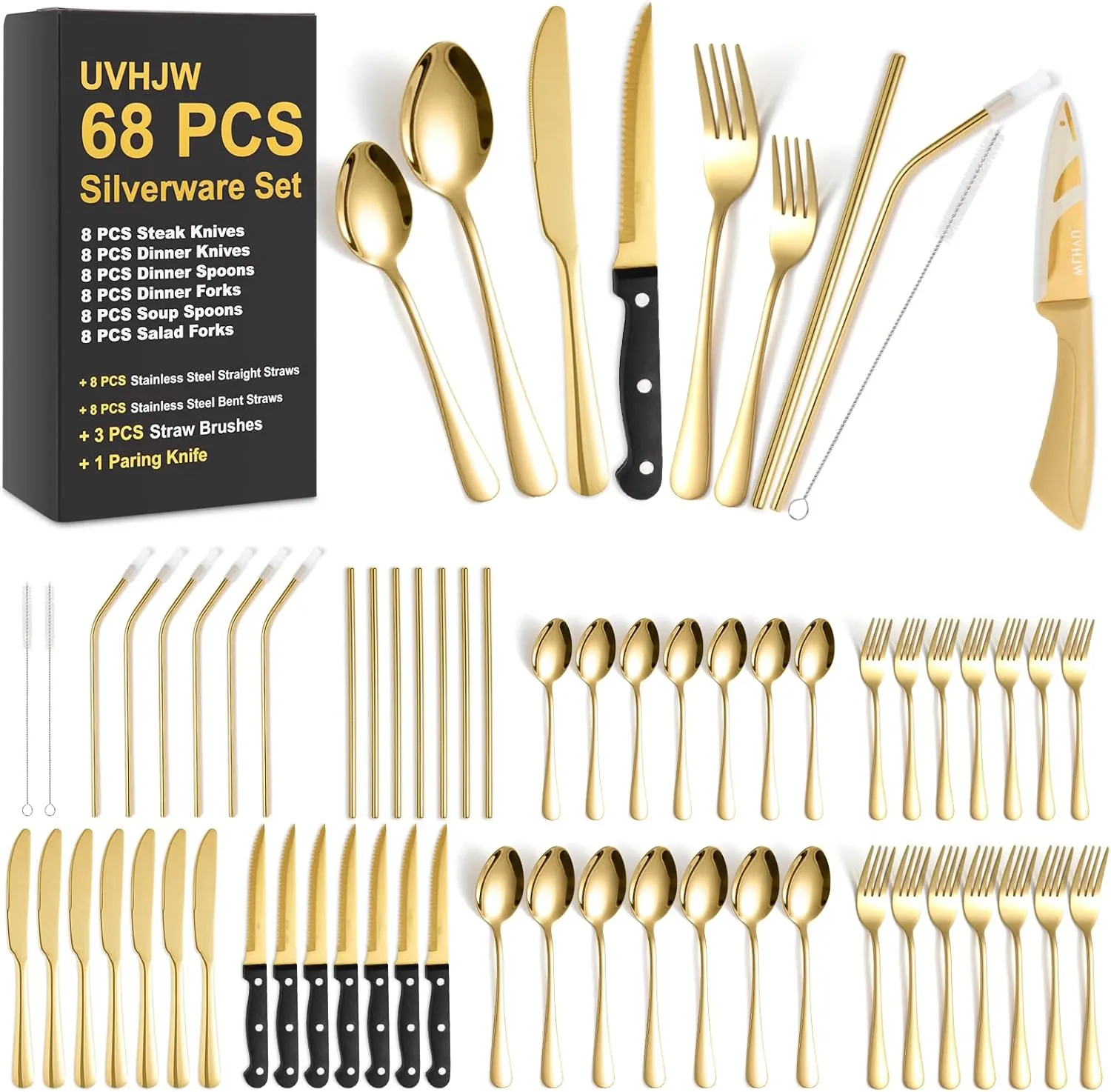 68-piece Gold Silverware Set with Steak Knife, Service for 8, Stainless Steel flatware Cutlery Set with Metal Straw Drinking Set, Mirror Polished Fork Spoon Knife Set Eating Utensils Tableware