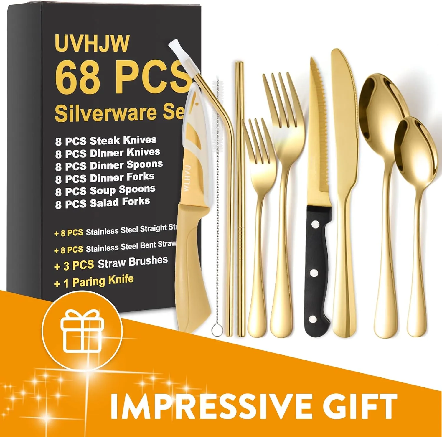 68-piece Gold Silverware Set with Steak Knife, Service for 8, Stainless Steel flatware Cutlery Set with Metal Straw Drinking Set, Mirror Polished Fork Spoon Knife Set Eating Utensils Tableware
