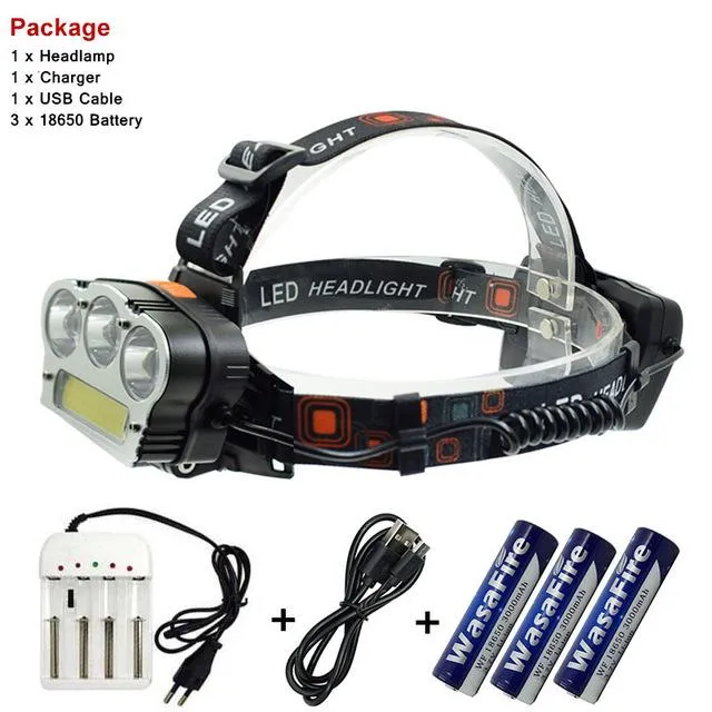 7 Modes Flexible Headlamp With Warning Light T6 Led COB Headlight White Red Light Led Head Lamp With 18650 Battery   Charger