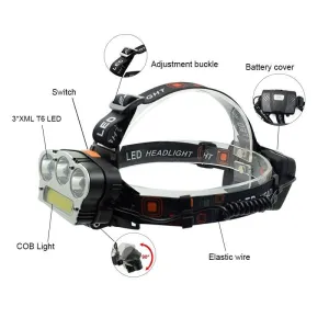 7 Modes Flexible Headlamp With Warning Light T6 Led COB Headlight White Red Light Led Head Lamp With 18650 Battery   Charger