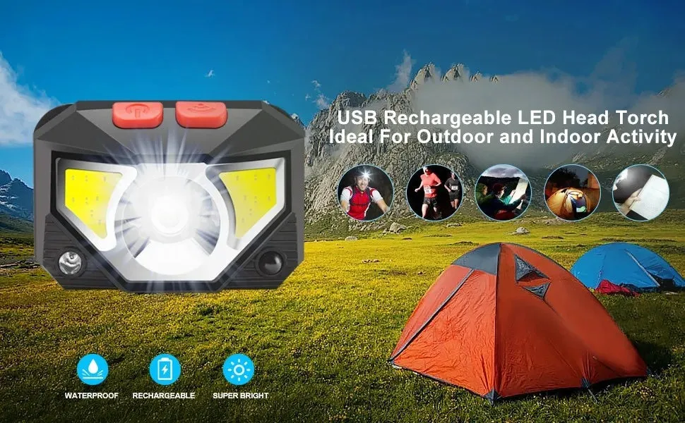 8 Modes Handfress Motion Sensor Powerful LED Headlight headlamp Head Lamp COB Flashlight Torch head light For Camping, fishing