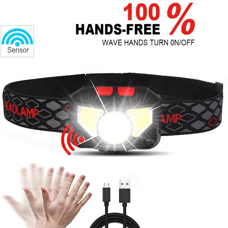 8 Modes Handfress Motion Sensor Powerful LED Headlight headlamp Head Lamp COB Flashlight Torch head light For Camping, fishing