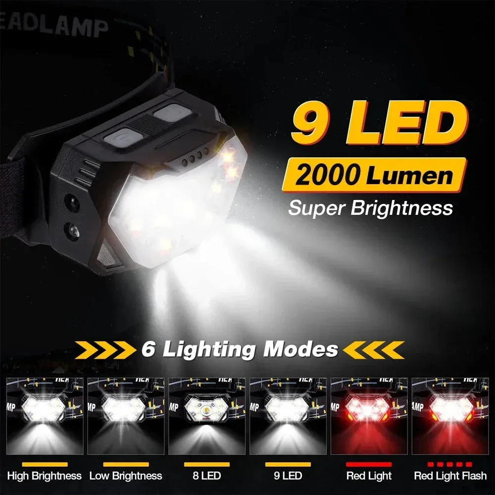 9 LED Headlamp Rechargeable, Motion Sensor, 1200mAh, USB, for Fishing, Camping, Outdoor