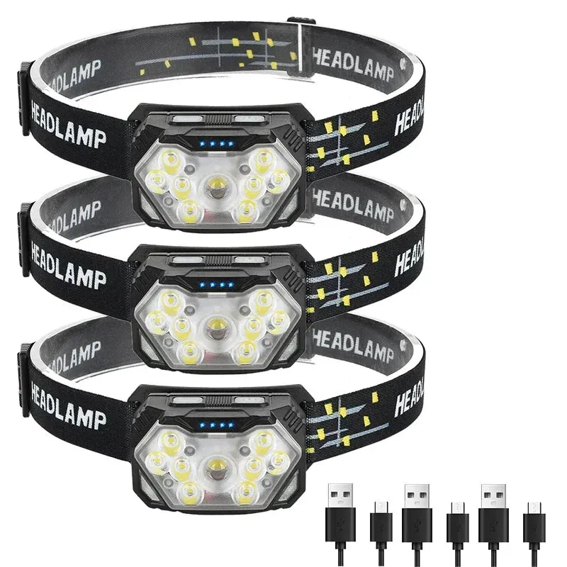 9 LED Headlamp Rechargeable, Motion Sensor, 1200mAh, USB, for Fishing, Camping, Outdoor