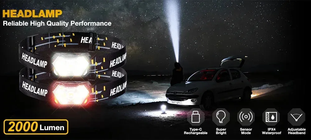 9 LED Headlamp Rechargeable, Motion Sensor, 1200mAh, USB, for Fishing, Camping, Outdoor