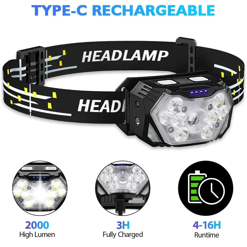 9 LED Headlamp Rechargeable, Motion Sensor, 1200mAh, USB, for Fishing, Camping, Outdoor