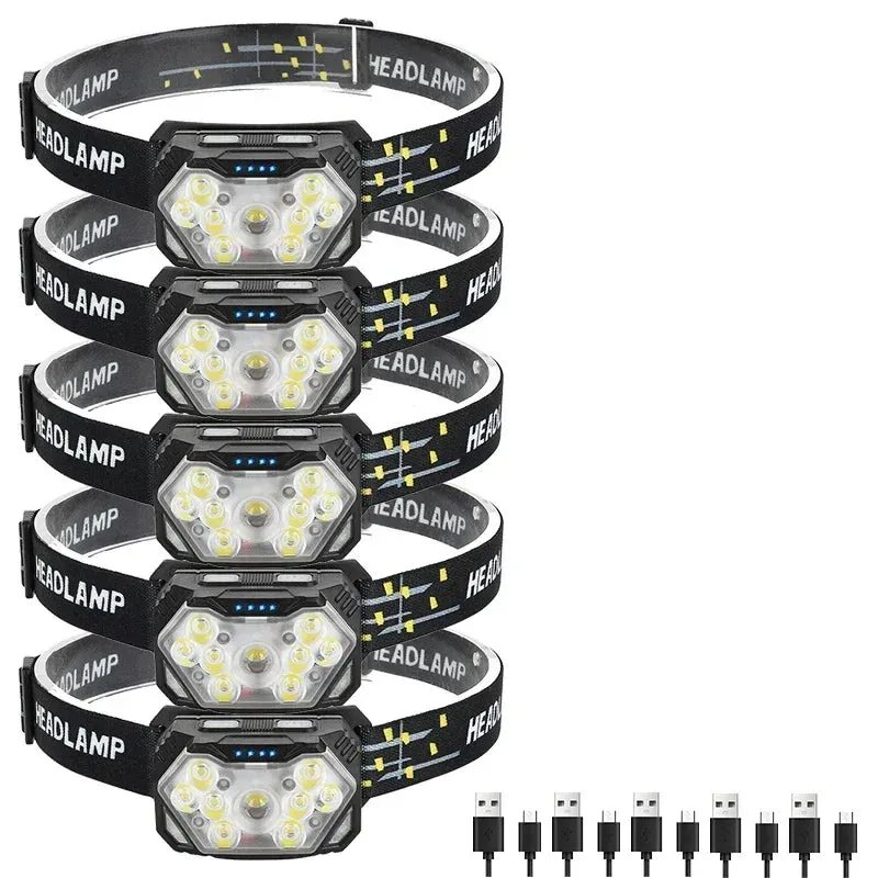 9 LED Headlamp Rechargeable, Motion Sensor, 1200mAh, USB, for Fishing, Camping, Outdoor