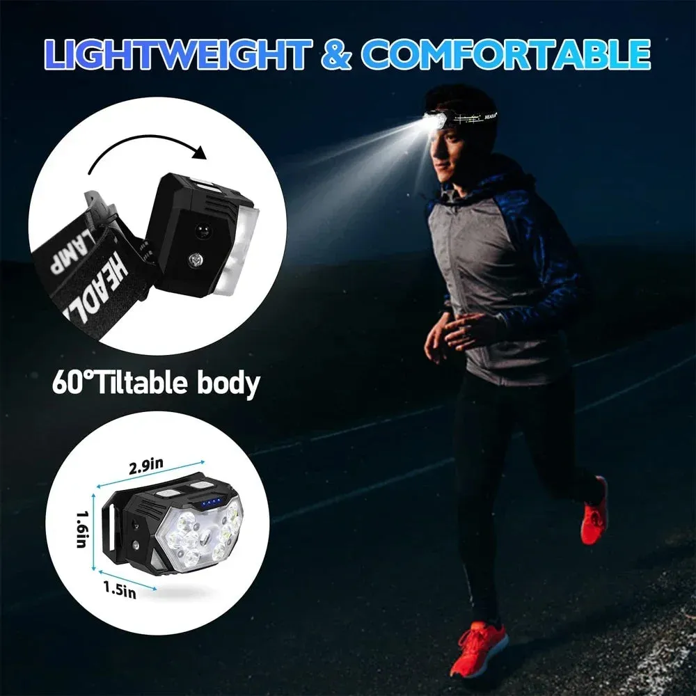 9 LED Headlamp Rechargeable, Motion Sensor, 1200mAh, USB, for Fishing, Camping, Outdoor