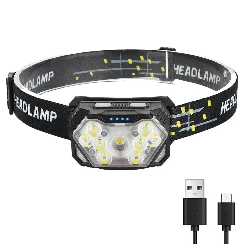 9 LED Headlamp Rechargeable, Motion Sensor, 1200mAh, USB, for Fishing, Camping, Outdoor