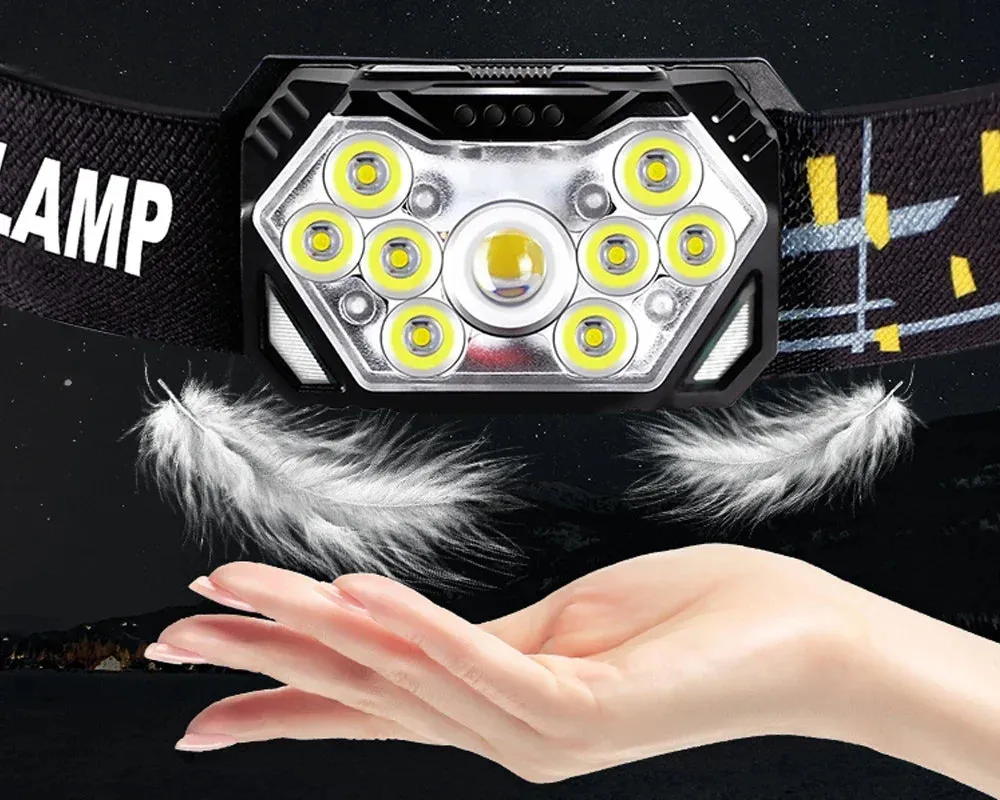 9 LED Headlamp Rechargeable, Motion Sensor, 1200mAh, USB, for Fishing, Camping, Outdoor