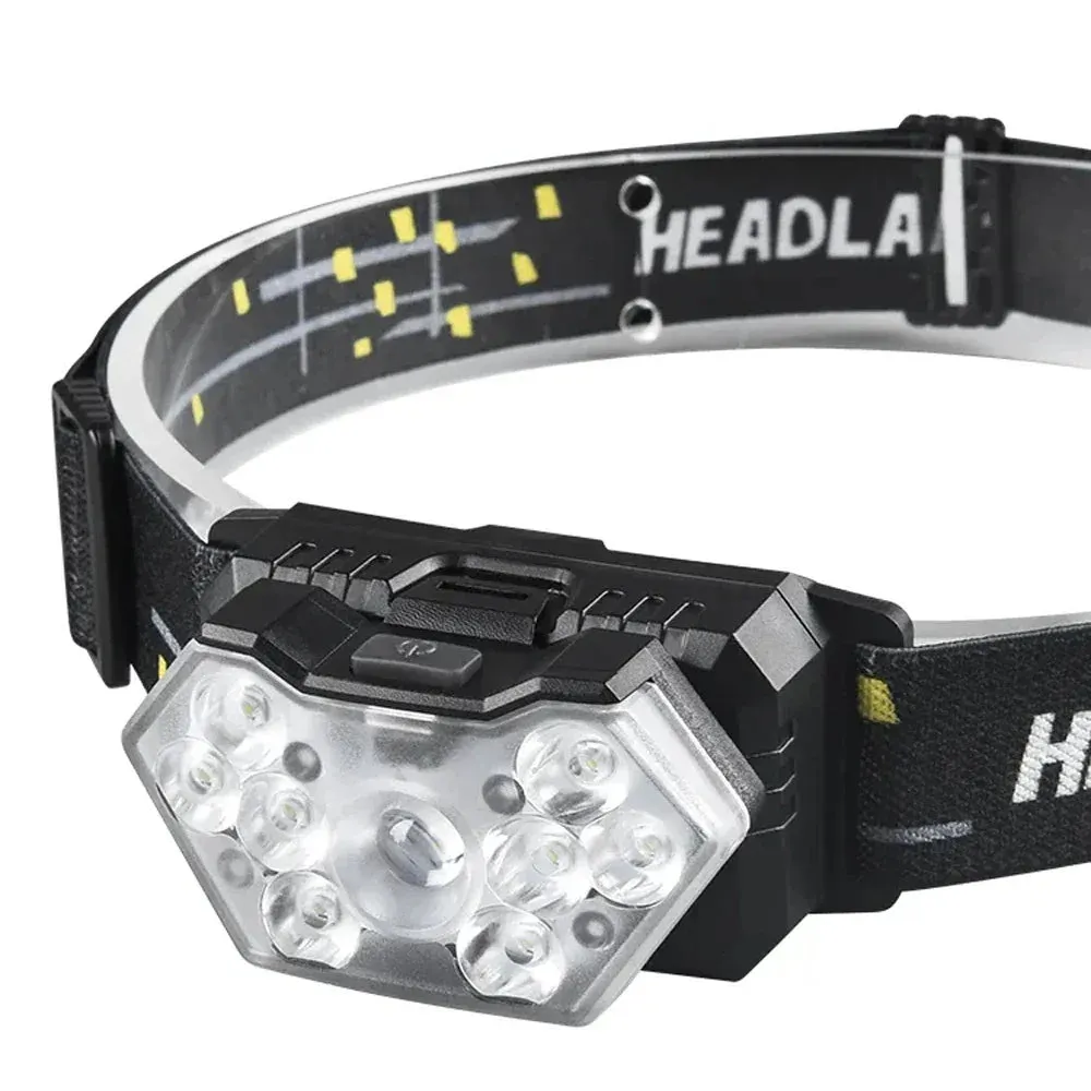 9 LED Headlamp Rechargeable, Motion Sensor, 1200mAh, USB, for Fishing, Camping, Outdoor