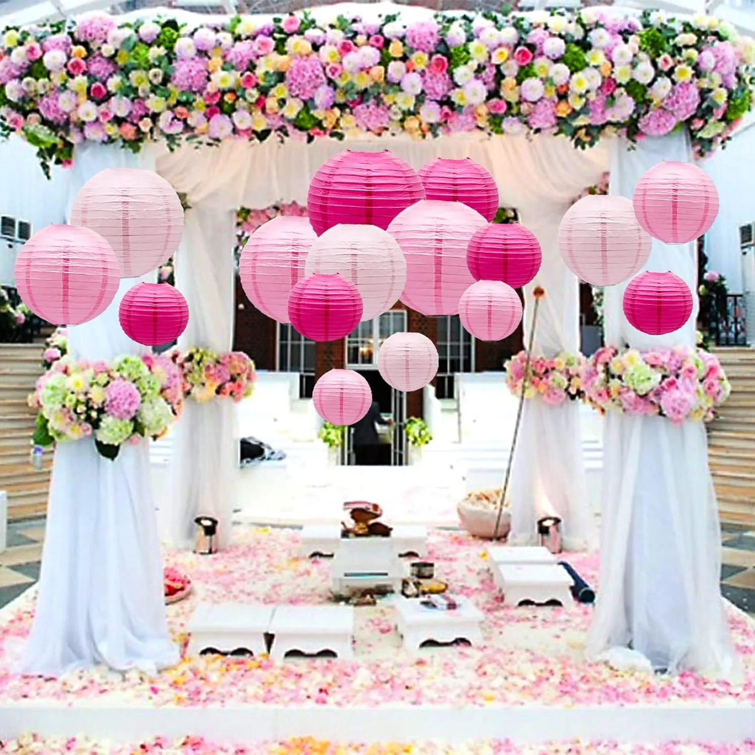 ADLKGG Pink Paper Lanterns Decorative, Hanging Round Paper Lanterns Indoor Outdoor for Graduation Wedding Birthday Baby Showers Decorations, 21pcs