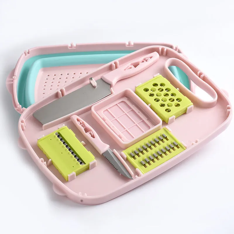 Anti-Overflow Groove Kitchen Chopping Board 9 In 1 Foldable Drainage Basket