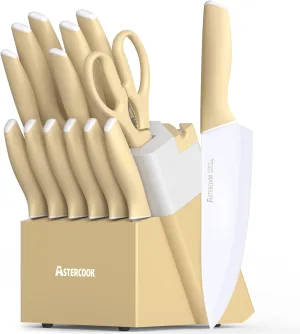 Astercook Kitchen Knife Set with Block and Sharpener 15 Piece Knives Set with Ceramic Coating German High Carbon Stainless Steel Knives Sharp Blade Dishwasher Safe Knife Set with Ergonomic Handle