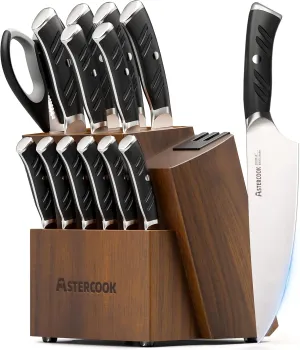 Astercook Knife Set, Kitchen Knives Set with Block and Dual Sharpener Full Tang 15 Pcs German Stainless Steel Knives Sharp Blade Dishwasher Safe Knife Set with Ergonomic Handle, Elegant Black