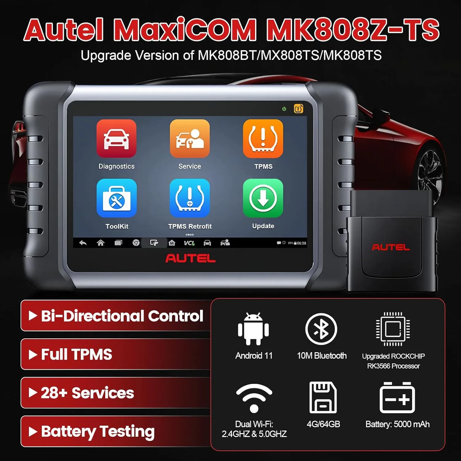 Autel MaxiCOM MK808Z-TS Bidirectional Scanner, Universal TPMS Tool, Upgrade from MK808BT MK808S, OBD2 Scanner with 28  Services, All System Diagnostic Tool FCA AutoAuth, Same as MX808S-TS & MK808S-TS