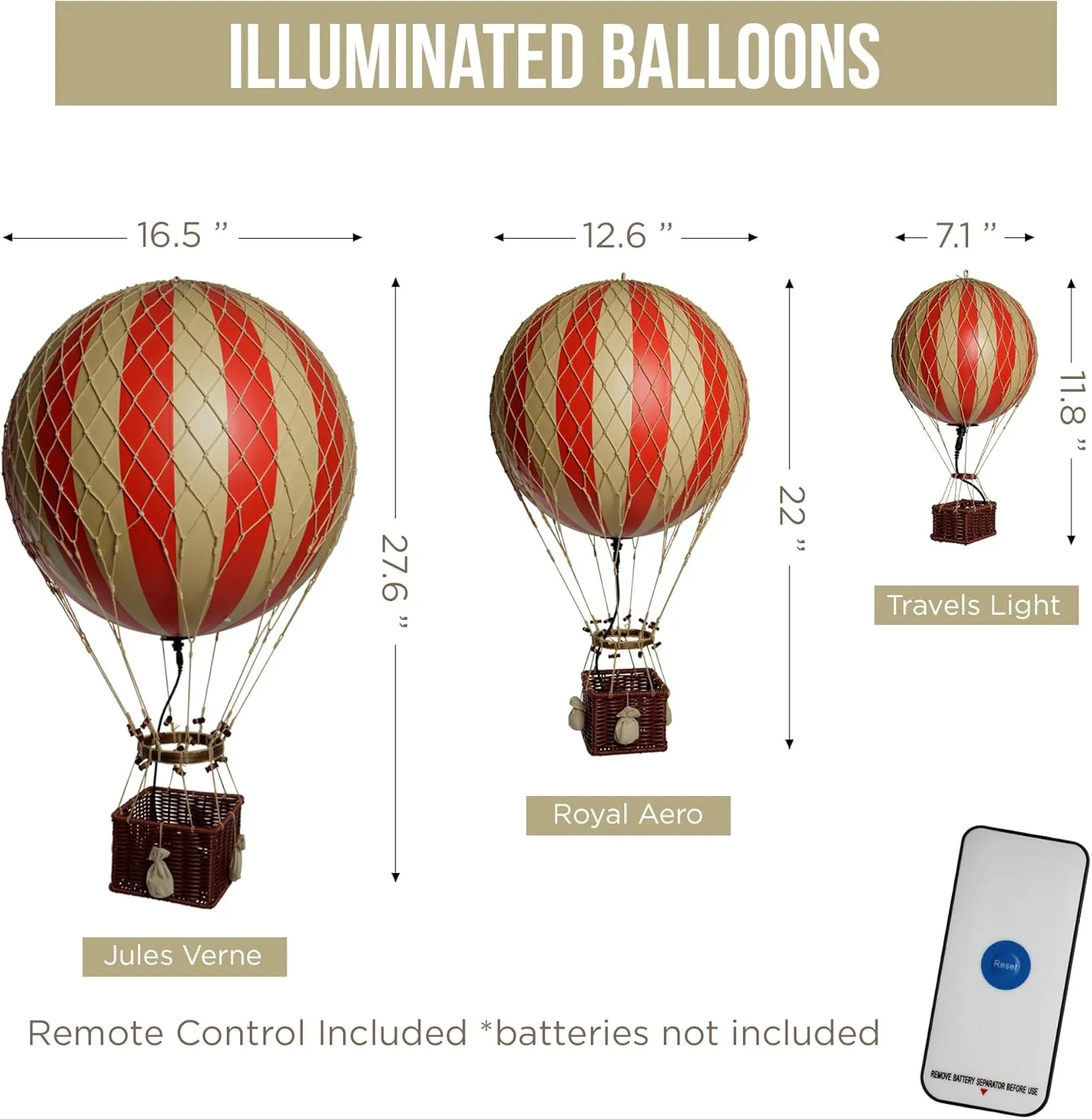Authentic Models LED Hot Air Balloon Lanterns: Magical Night Sky Decor | Hot Air Balloon Decor | LED Lantern Decor for Enchanting Evenings | Remote Control Included - Travels Light LED, True Red