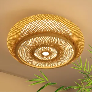 Bamboo LED Lamp Dimmable Handmade Boho Ceiling Lights Fixture with Remote Basket Lantern Art Decoration for Bedroom Living Room Dining Room Farmhouse Restaurant