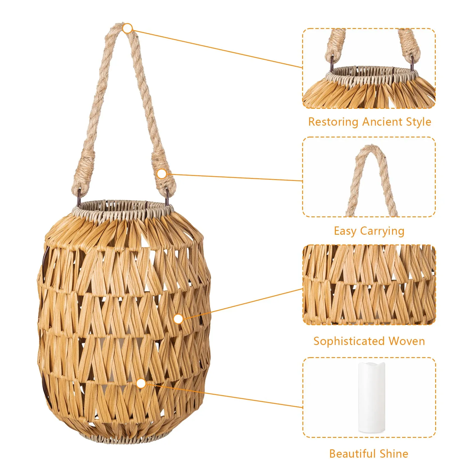 Bdor Candle Hurricane Lantern - 22.4in Decorative Candle Lanterns / Natural Rattan Outdoor Lantern with Removable LED Candle and Burlap Jute Rope Handle, Lantern Decorative for Home, Porches, Hallway