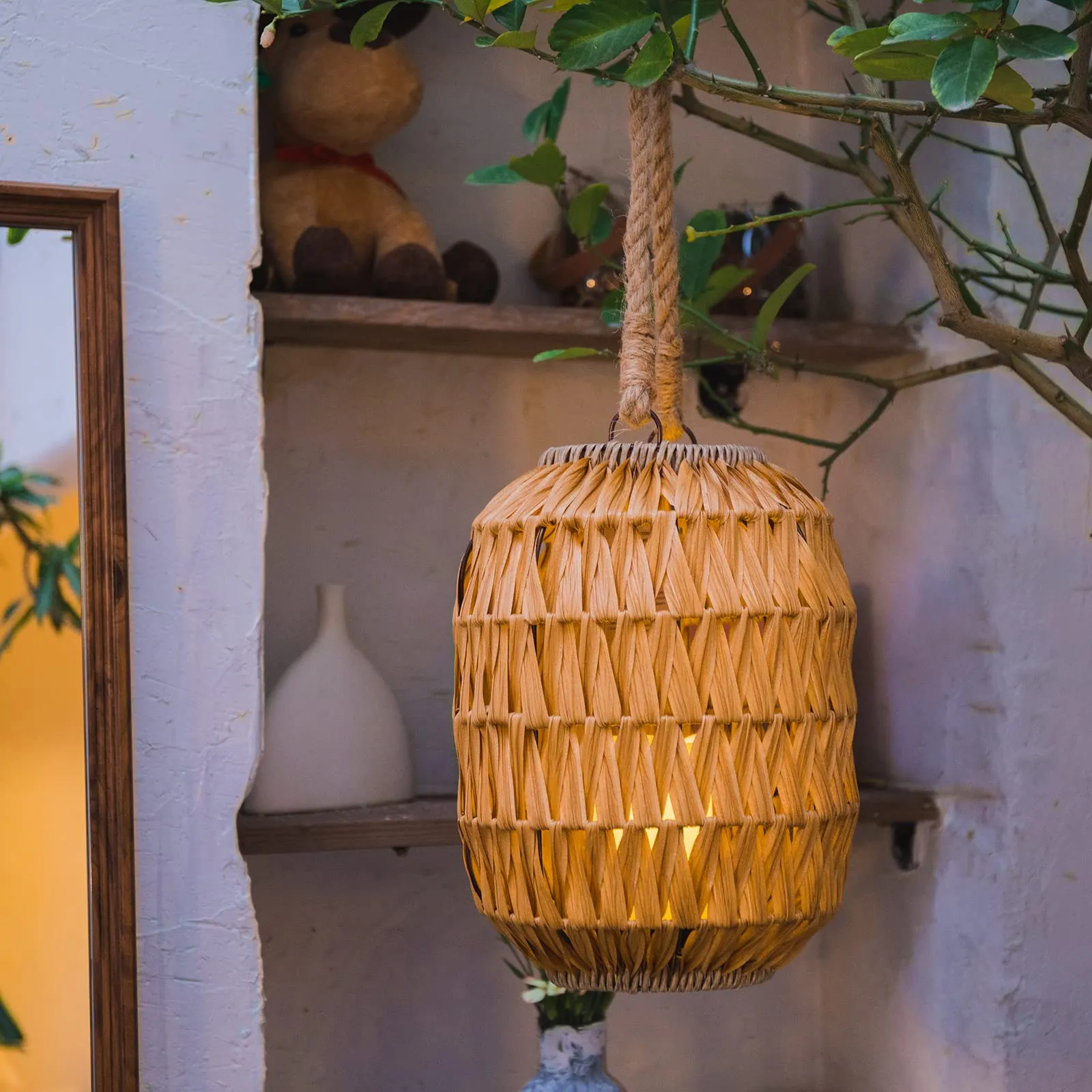 Bdor Candle Hurricane Lantern - 22.4in Decorative Candle Lanterns / Natural Rattan Outdoor Lantern with Removable LED Candle and Burlap Jute Rope Handle, Lantern Decorative for Home, Porches, Hallway